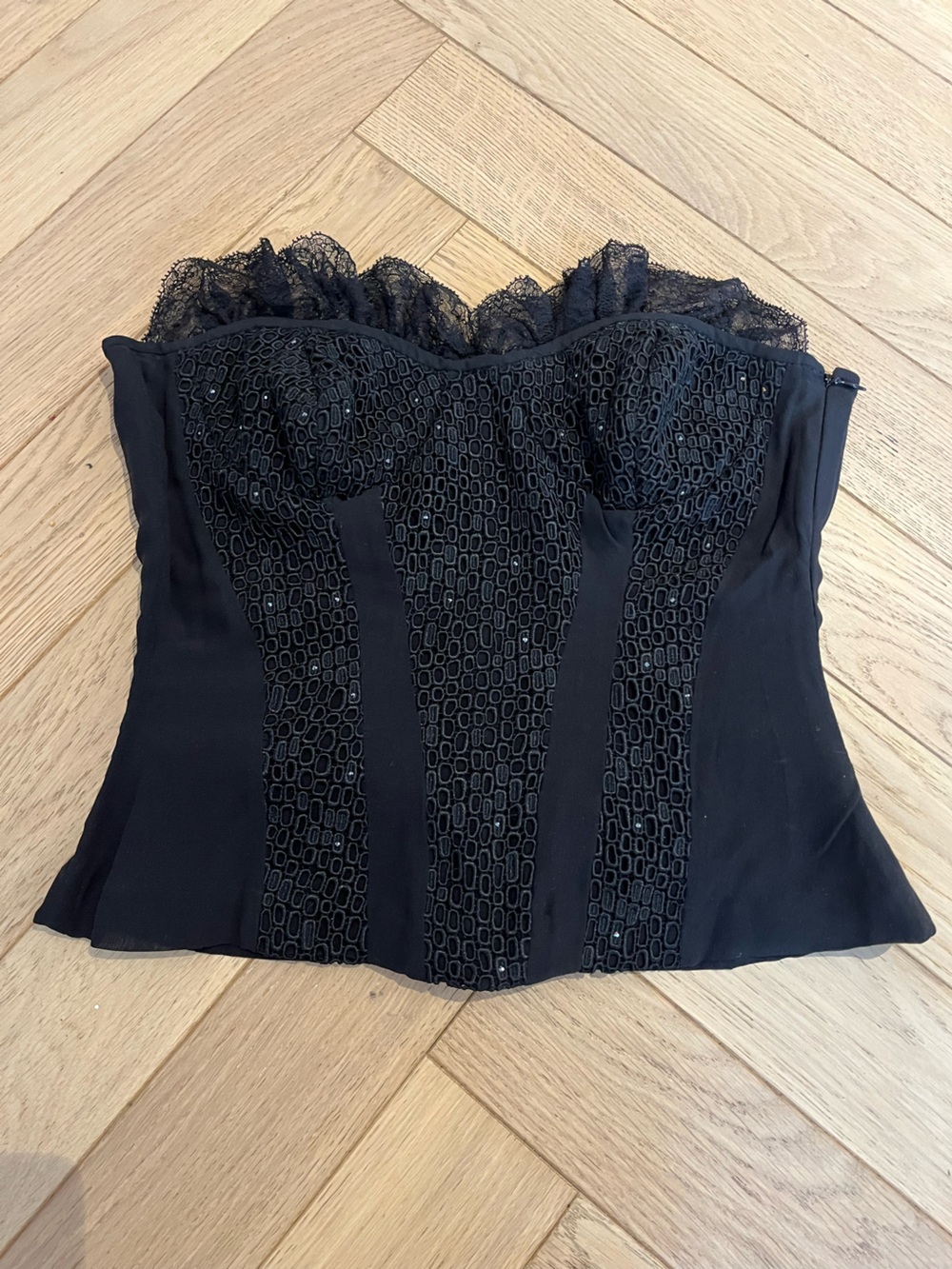 Black Silk Lace-Trim Corset Top with Textured Paneling